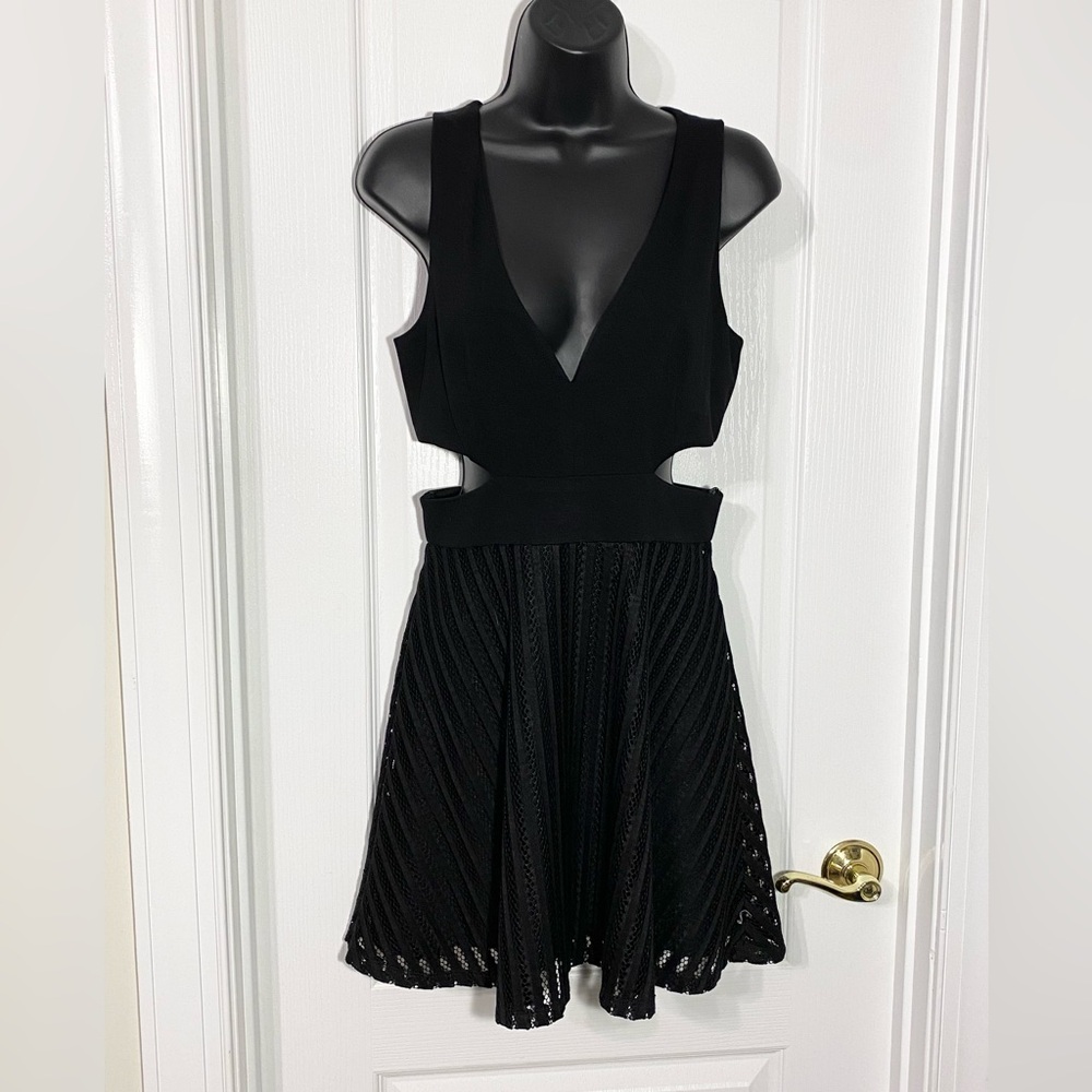 NEW Plunge Neck Cut Out Sides Mesh Skirt A-Line Mini Dress Black w/ Gold Zipper